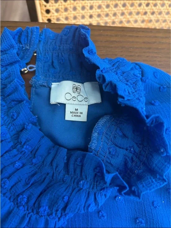 CeCe Royal Blue Smocked Ruffle Cap Sleeve Blouse - Picture 4 of 9